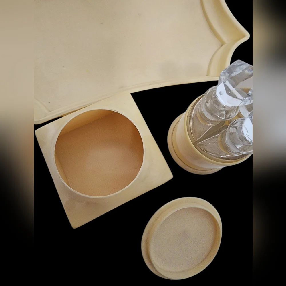 Vintage Celluloid Dresser 11 Piece Set Dresser Tray Powder Box Perfume Bottles..